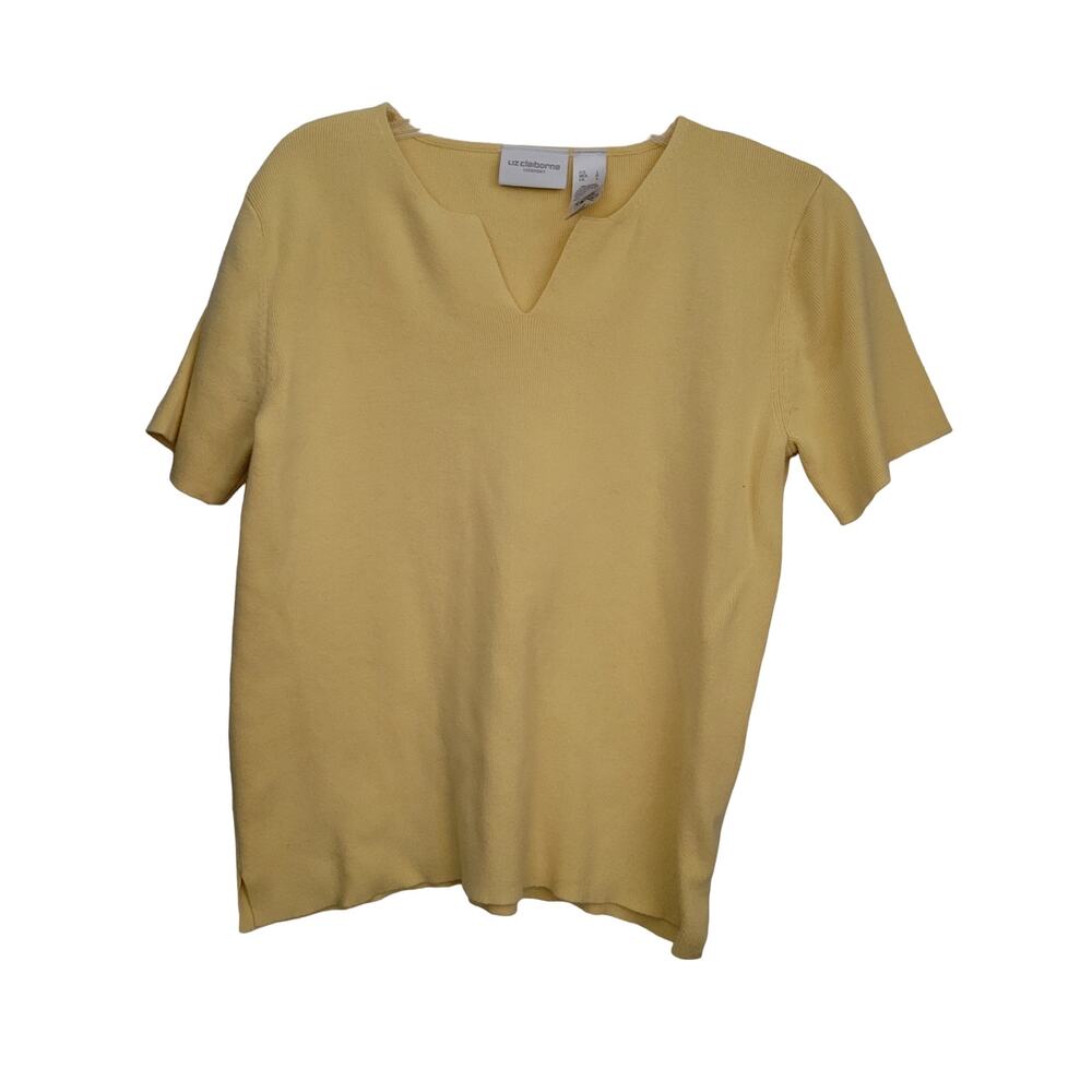 Liz Claiborne Lizsport Top Women Large Yellow V-Neck Short Sleeve Cotton‎ Knit